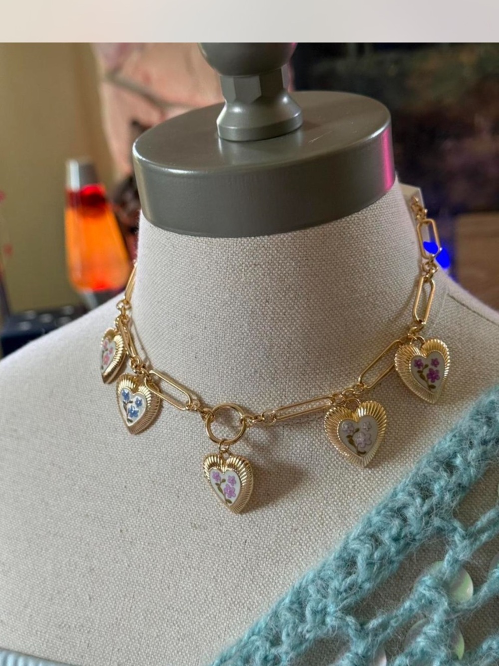 Francesca's Collections Gold Link Necklace with Pastel Floral Heart Charms - Picture 4 of 5
